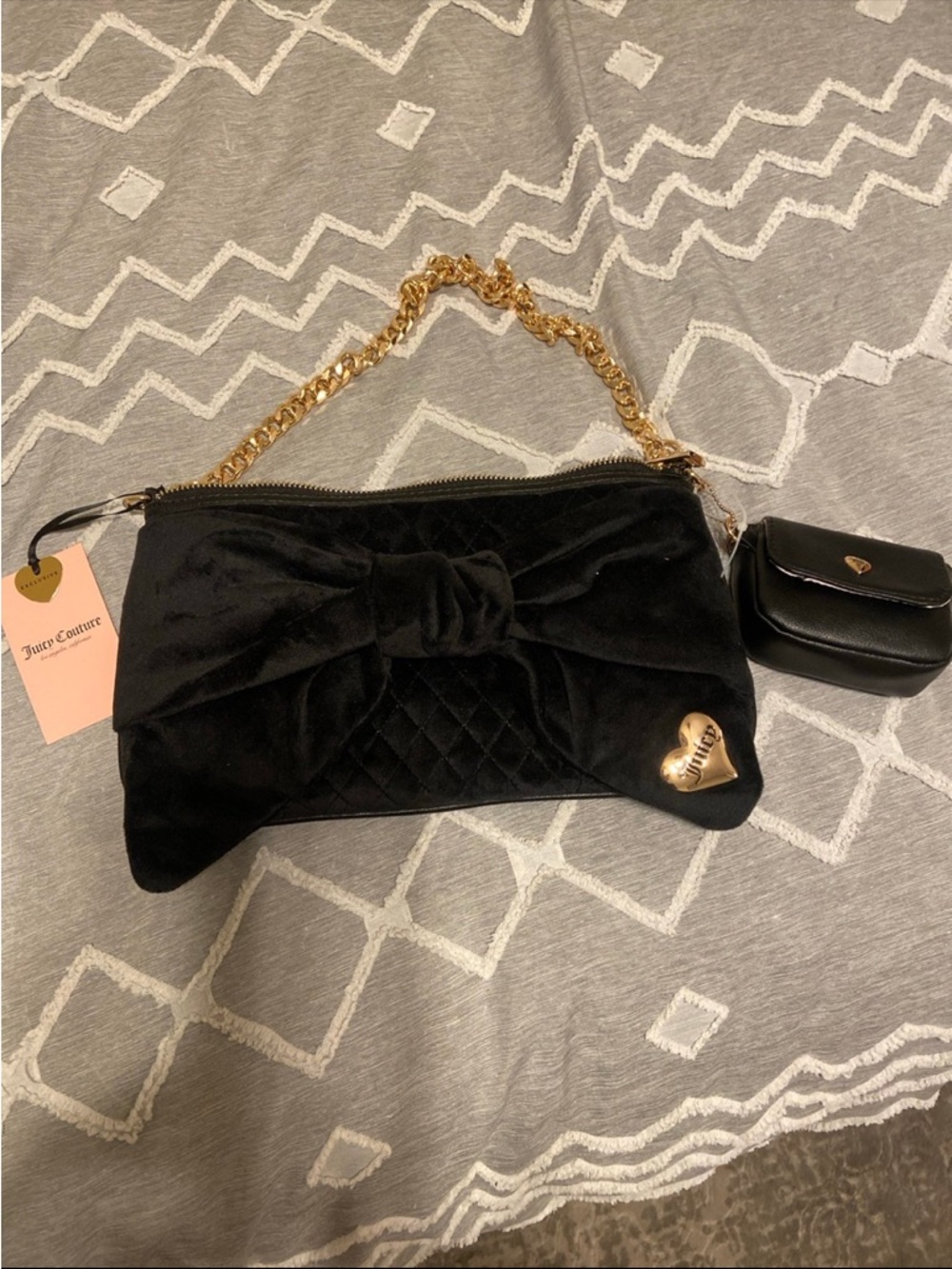 Juicy Couture Black Velvet Quilted Bow Shoulder Bag with Gold Chain